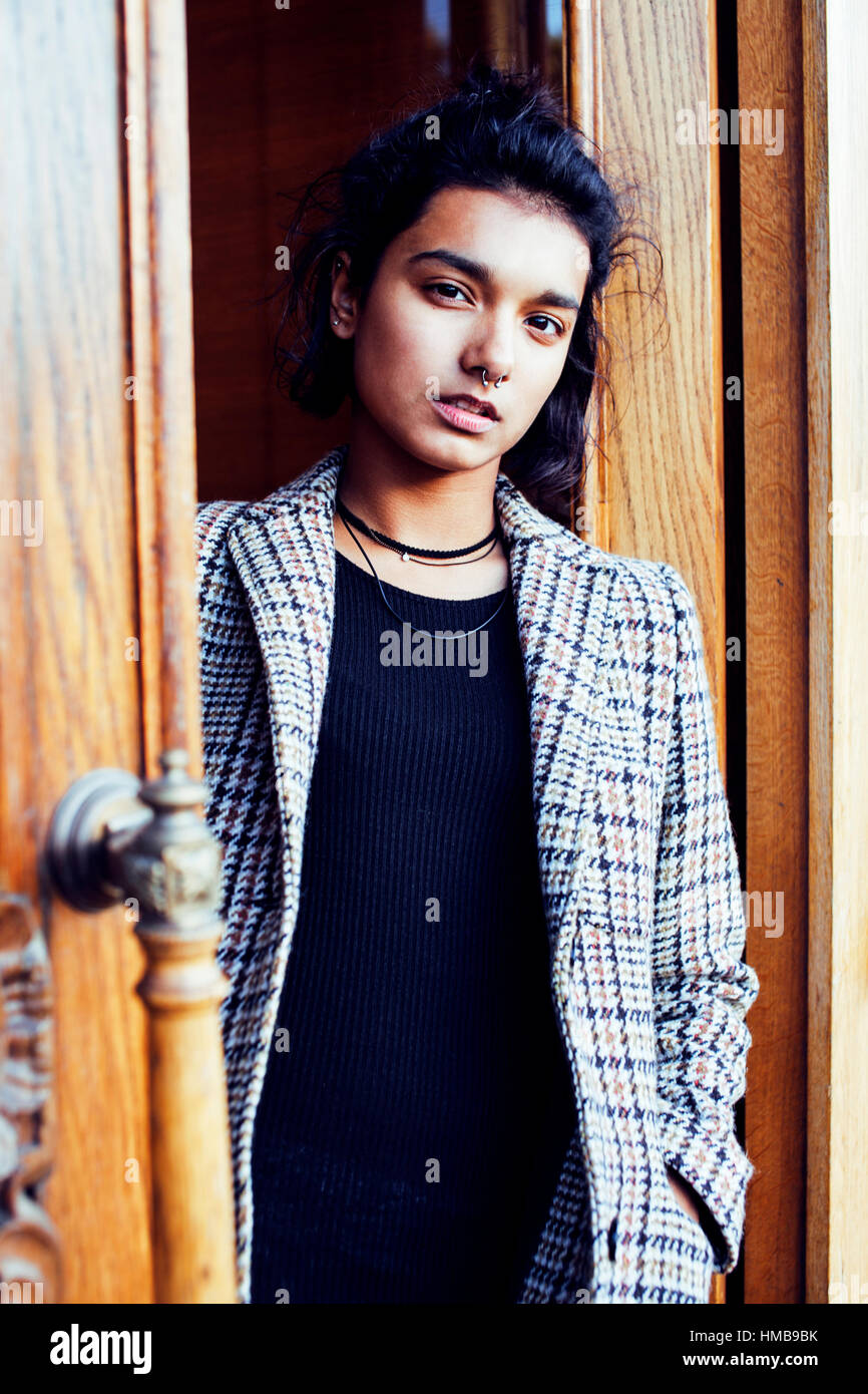 young pretty student teenage indian girl in doors happy smiling, Stock Photo