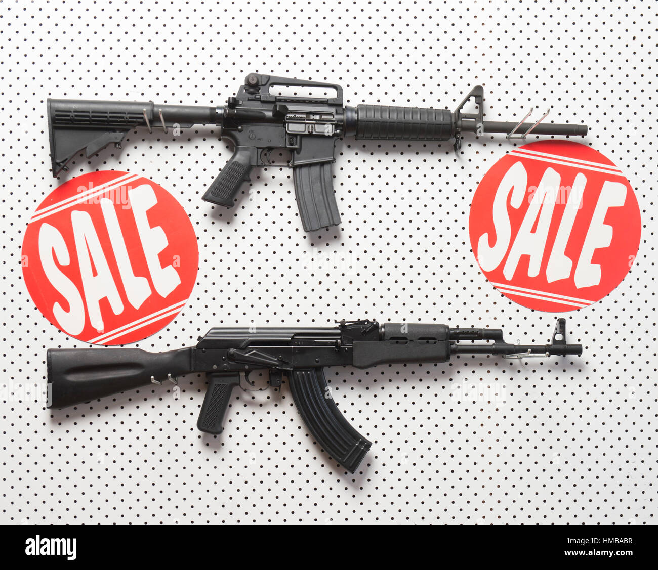 AK47 & AR15 on wall display Stock Photo