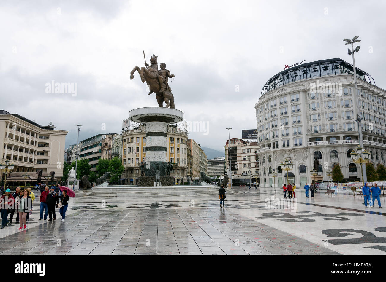 City center of Skopie, Macedonia in rainy day with the monument of ...