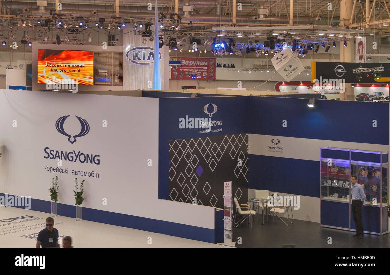 KIEV, UKRAINE - MAY 29: Visitors visit Korean car manufacturer SsangYong exhibition booth on display of SIA' 2013 Kyiv International Motor Show in Int Stock Photo