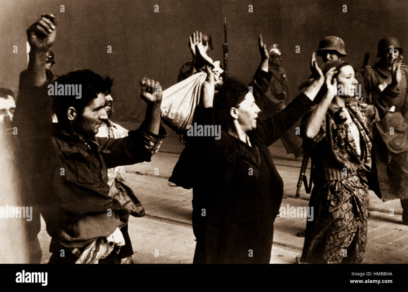 Prisoners.  Copy of German photograph taken during the destruction of the Warsaw Ghetto, Poland, 1943.   (WWII War Crimes Records) Exact Date Shot Unknown NARA FILE #:  238-NT-288 WAR & CONFLICT BOOK #:  1279 Stock Photo