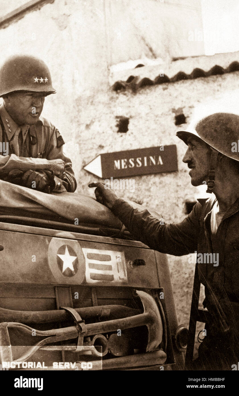 Lt. Col. Lyle Bernard, CO, 30th Inf. Regt., a prominent figure in the second daring amphibious landing behind enemy lines on Sicily's north coast, discusses military strategy with Lt. Gen. George S. Patton.  Near Brolo.  1943.   (Army) Exact Date Shot Unknown NARA FILE #:  111-SC-246532 WAR & CONFLICT BOOK #:  1024 Stock Photo