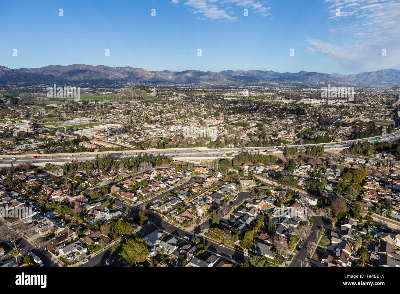 Aerial view of the 118 freeway in the Granada Hills neighborhood of Los