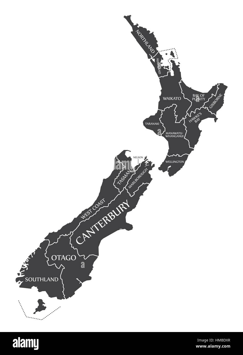 New Zealand Map labelled black illustration Stock Vector