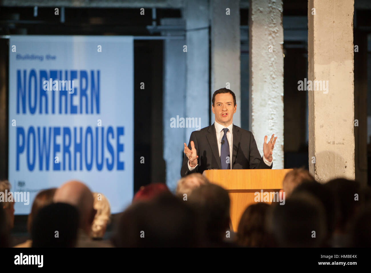 George Osborne's speech on the creation of the Northern Powerhouse. Held in Manchester at the Victoria Warehouse. Stock Photo