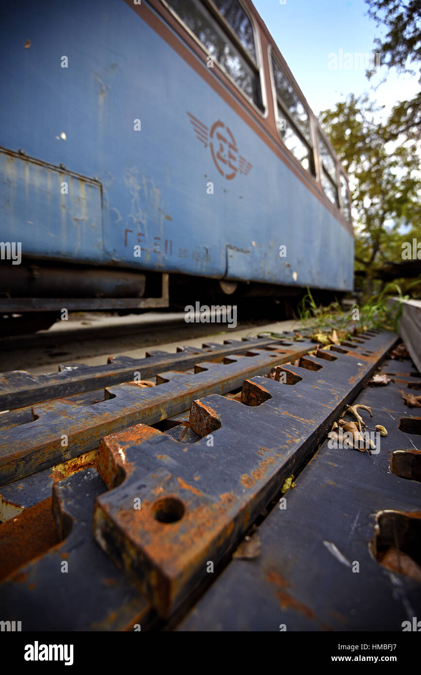 detail of rack railway bars, odontotos train yard, Diakopto Stock Photo