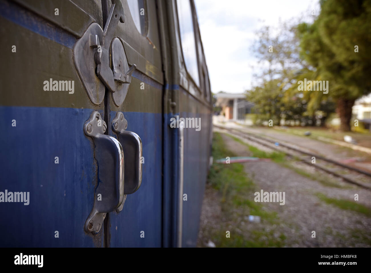 detail of handle in old wagon, odontotos train yard, Diakopto Stock Photo