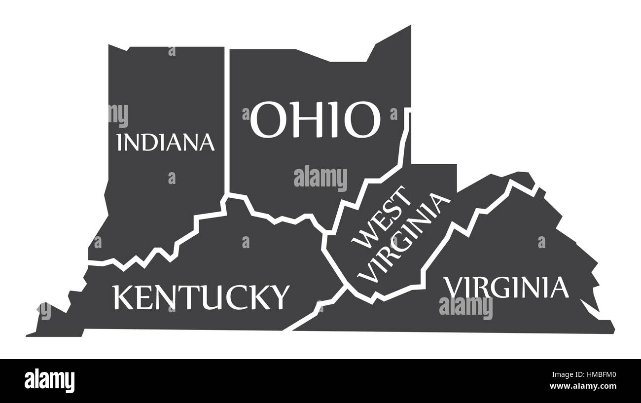Indiana - Kentucky - West Virginia - Virginia - Ohio Map labelled black illustration Stock Vector