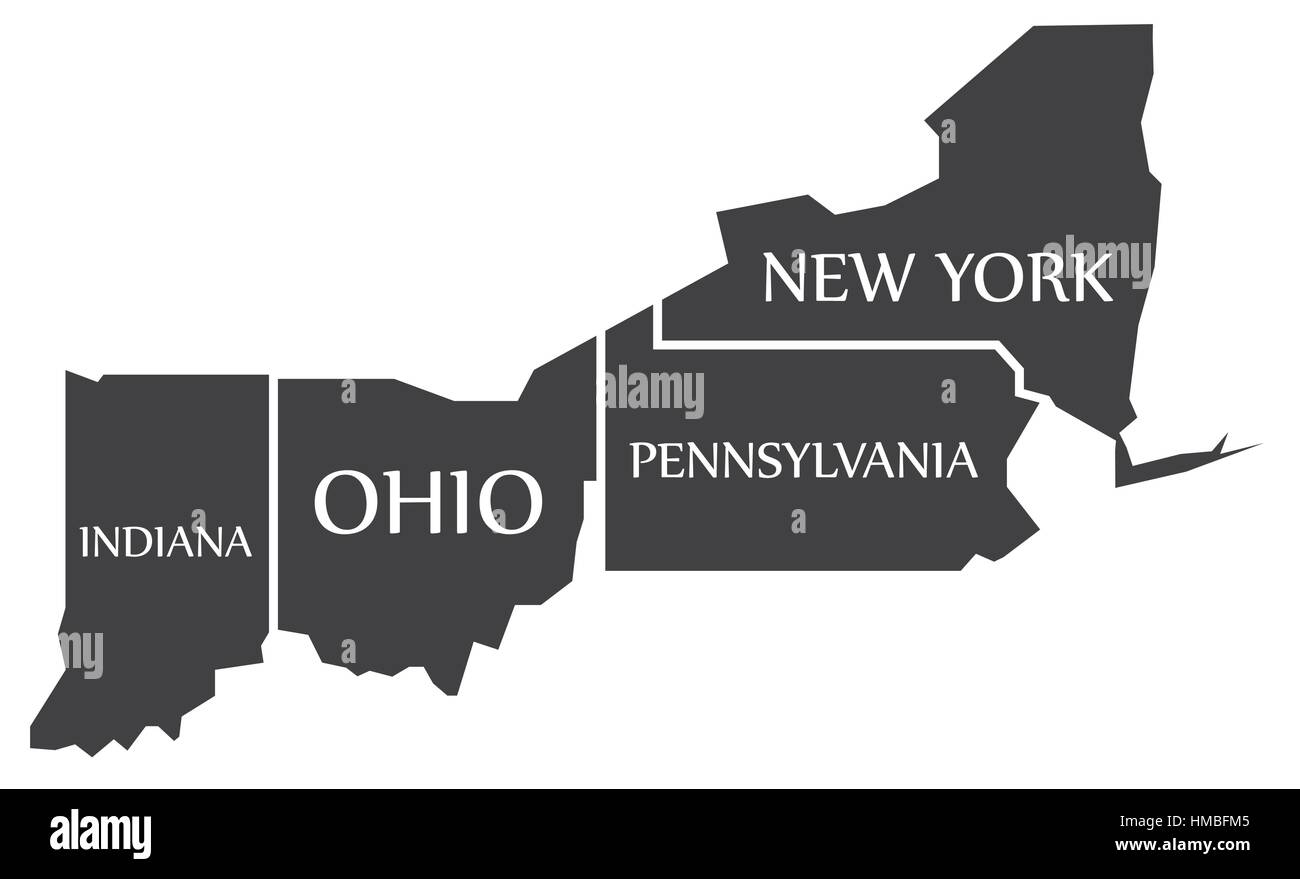 Indiana - Ohio - Pennsylvania - New York Map labelled black illustration Stock Vector