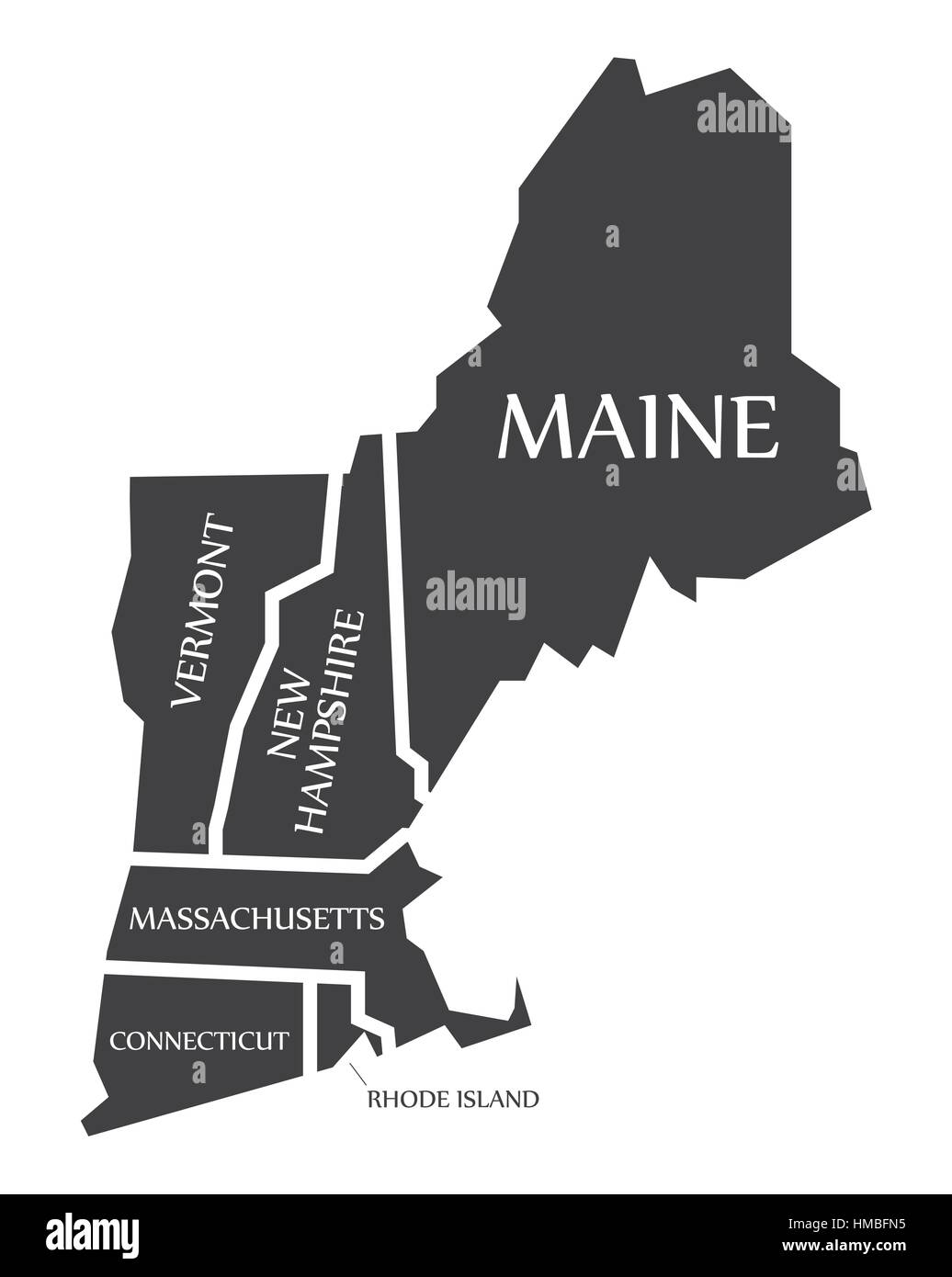 Maine - New Hampshire - Vermont - Massachusetts Map labelled black illustration Stock Vector