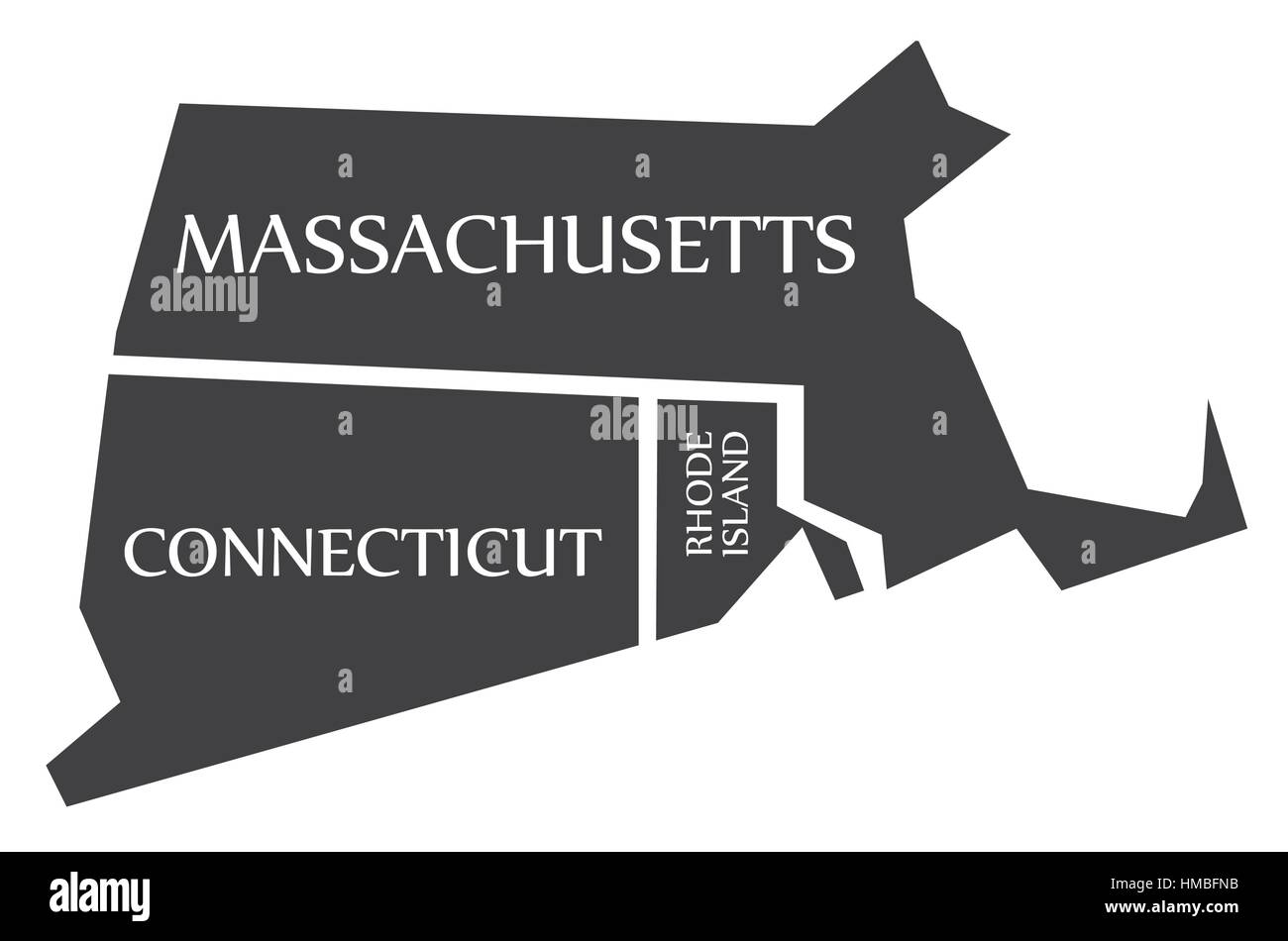 Massachusetts - Connecticut - Rhode Island Map labelled black illustration Stock Vector