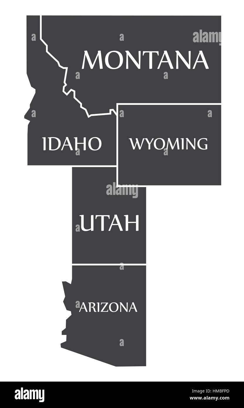 Montana - Idaho - Wyoming - Utah - Arizona Map labelled black illustration Stock Vector