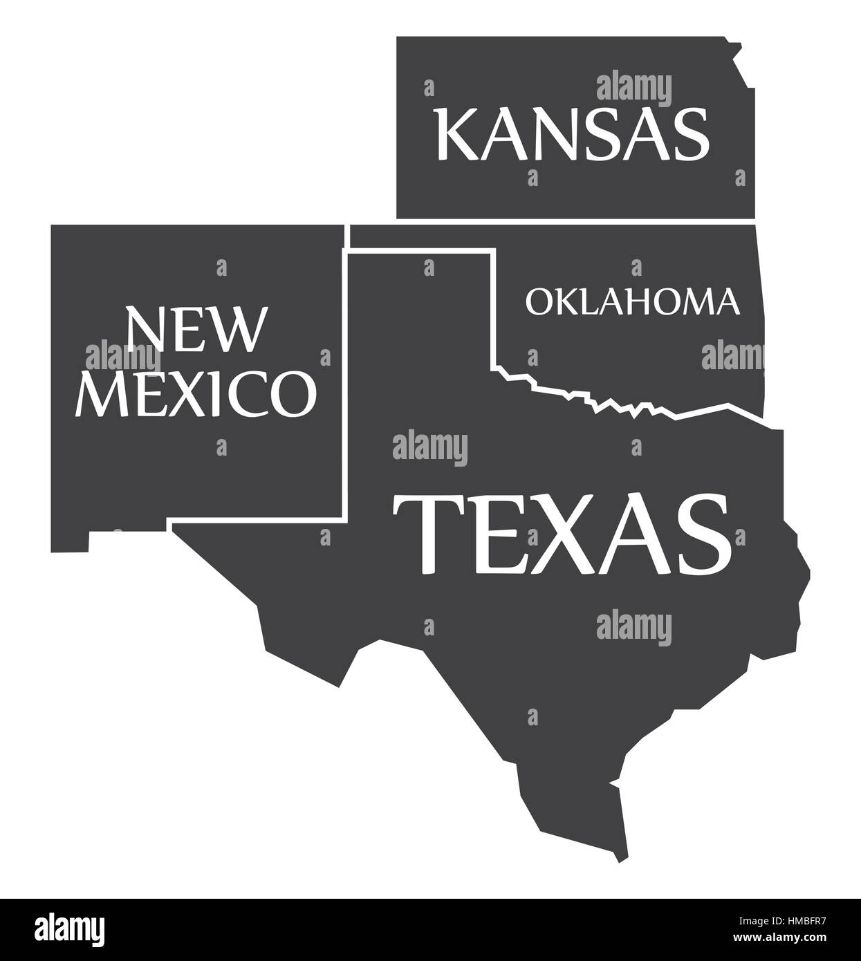 New Mexico - Kansas - Oklahoma - Texas labelled black illustration Stock Vector