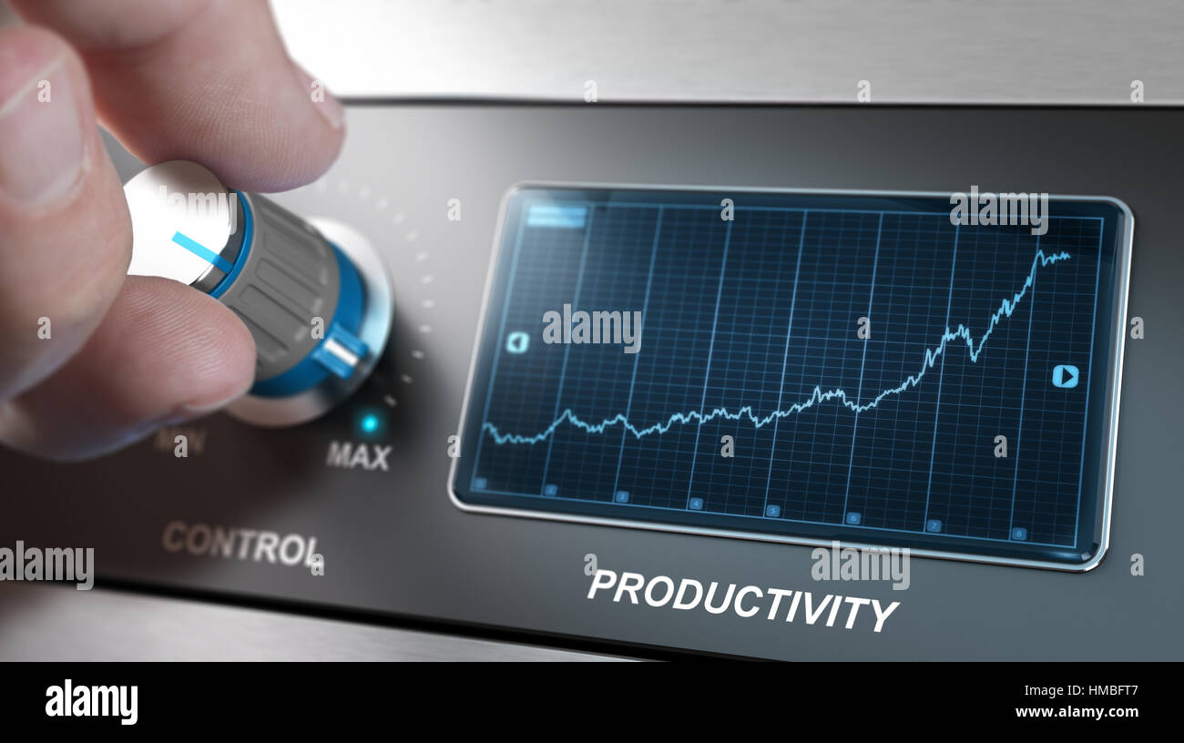 Hand turning control knob to the maximum to increase productivity speed, Concept for production management or improvement. Composite between an image  Stock Photo