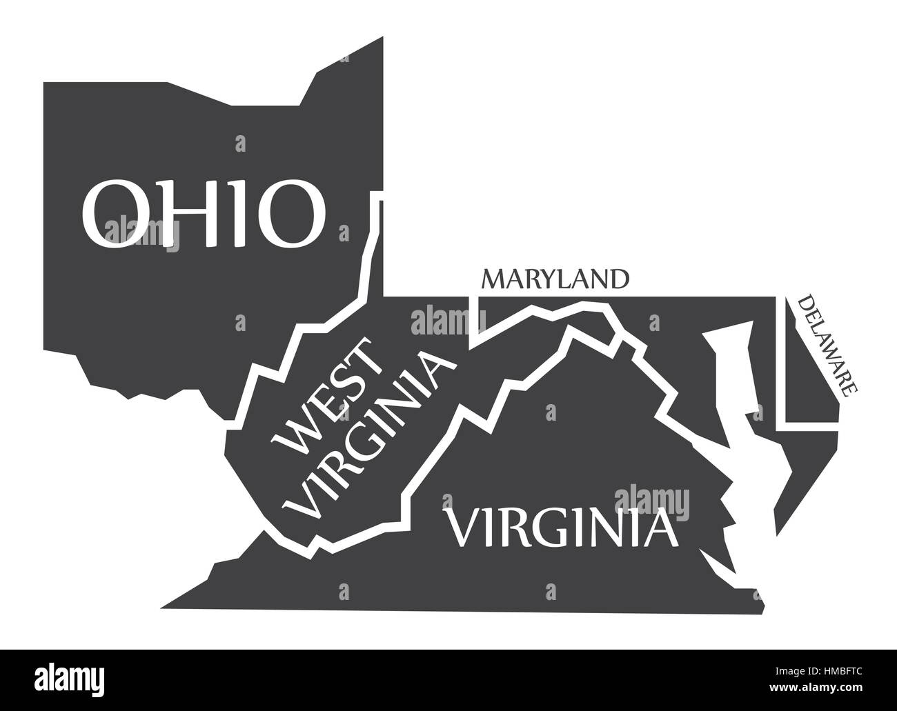 Ohio - West Virginia - Virginia - Maryland - Delaware Map labelled black illustration Stock Vector