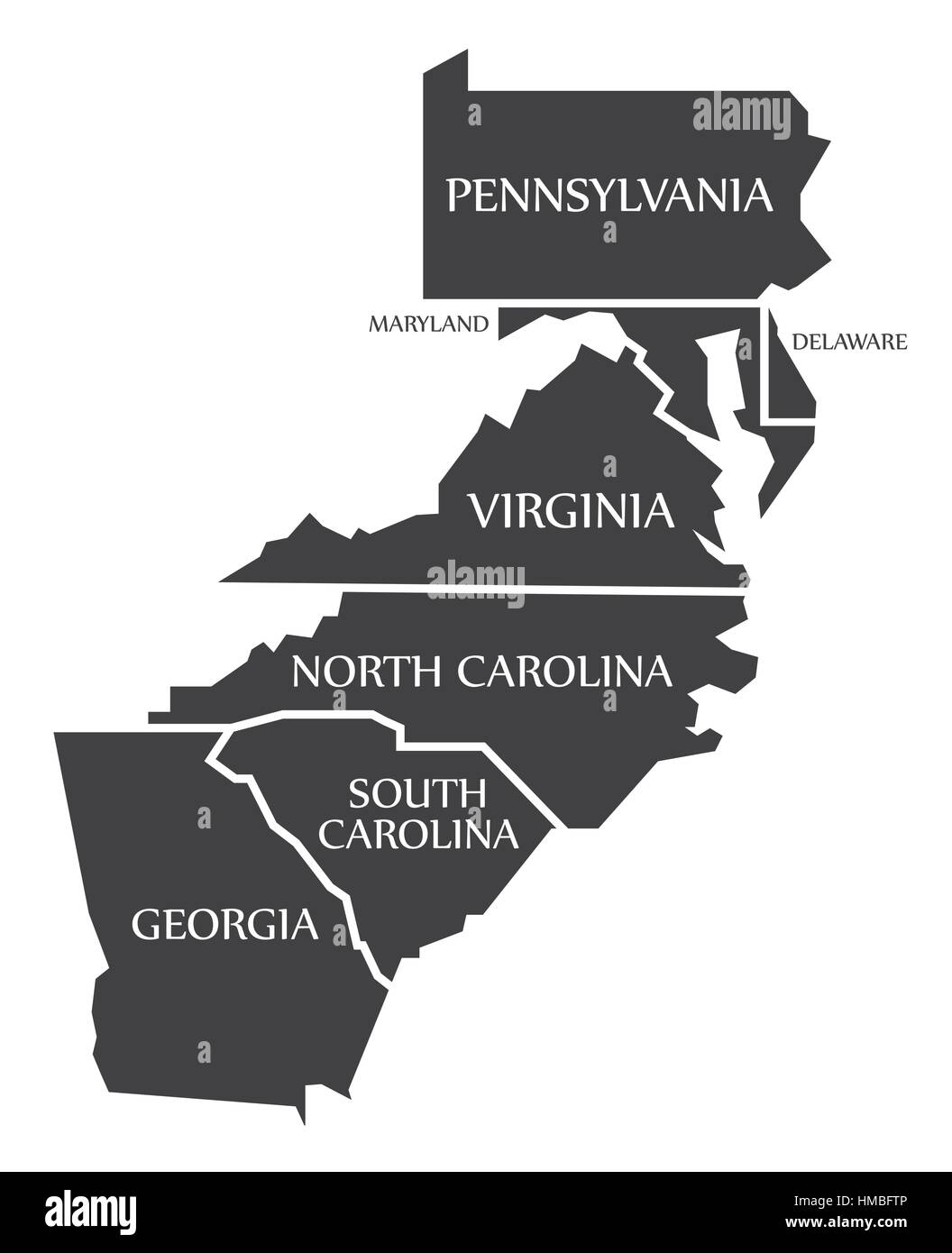 Pennsylvania - Maryland - Delaware - Virginia - North and South Carolina - Georgia Map labelled black illustration Stock Vector