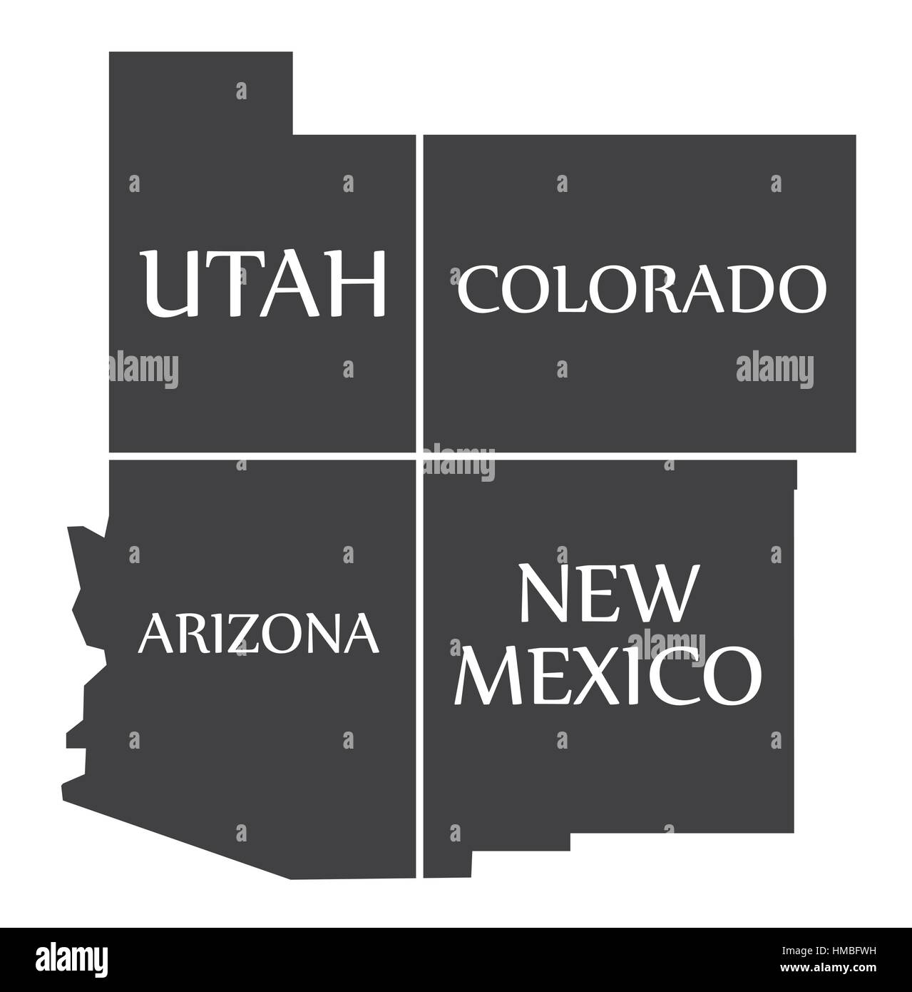 Utah - Colorado - Arizona - New Mexico Map labelled black illustration Stock Vector