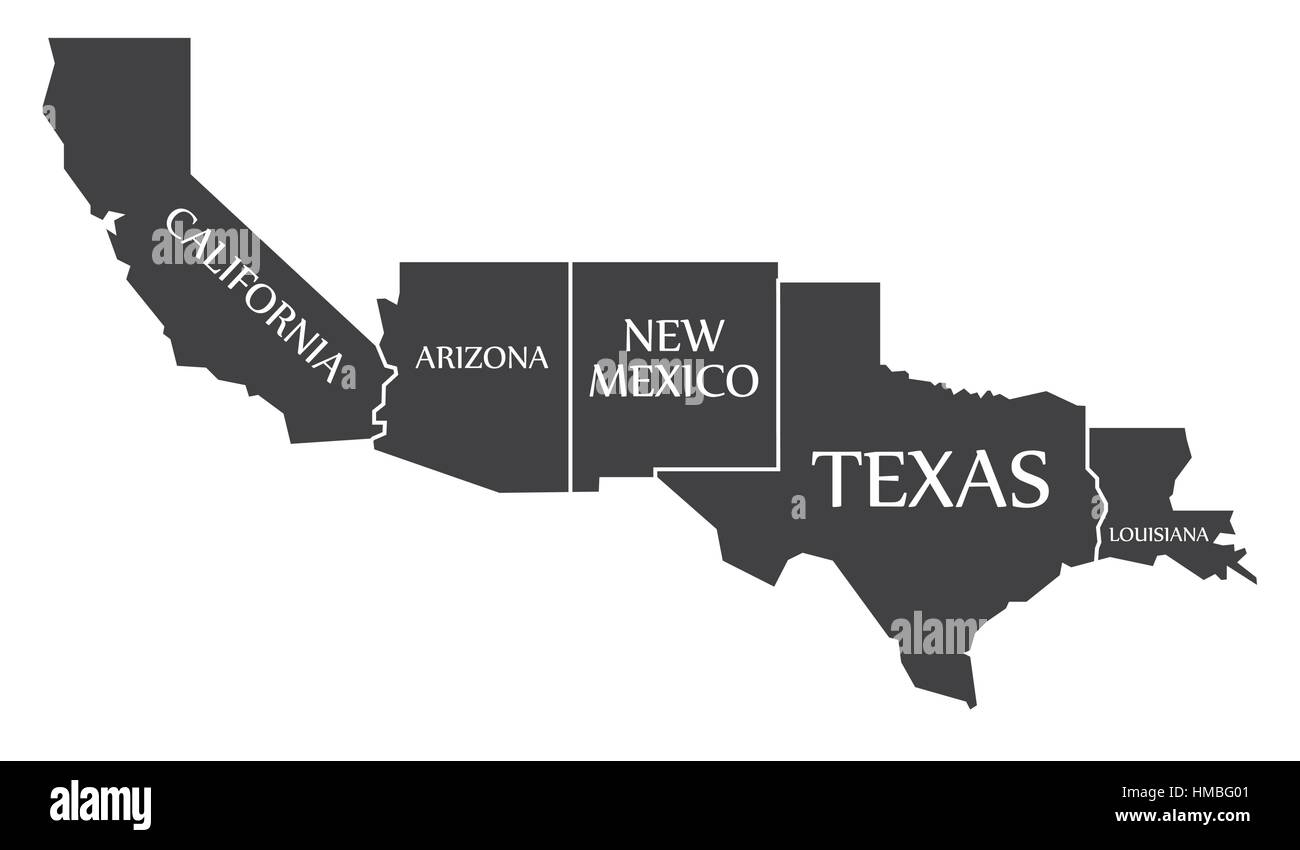 California - Arizona - New Mexico - Texas - Louisiana Map labelled black illustration Stock Vector