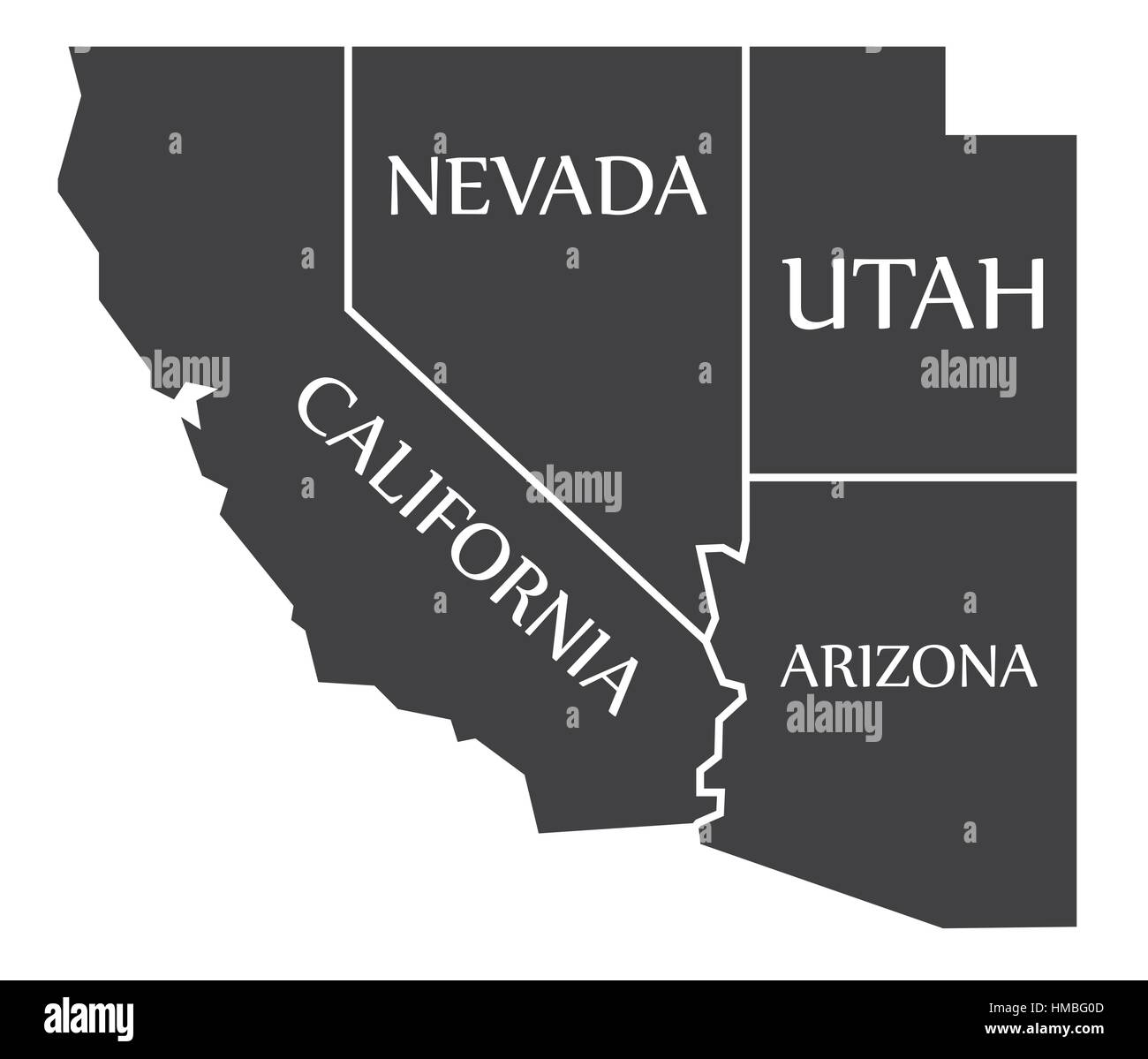 California - Nevada - Utah - Arizona Map labelled black illustration Stock Vector
