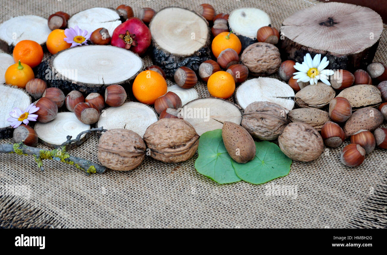 Abstracto con maderas, naranjas, granada, nueces y avellanas Stock Photo
