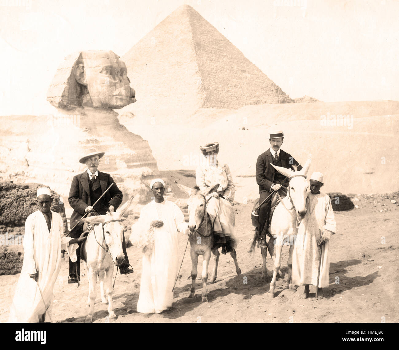 Vintage Photo Sepia Tone  Egypt, Sphinx, Pyramids, with tourists  1880 Stock Photo