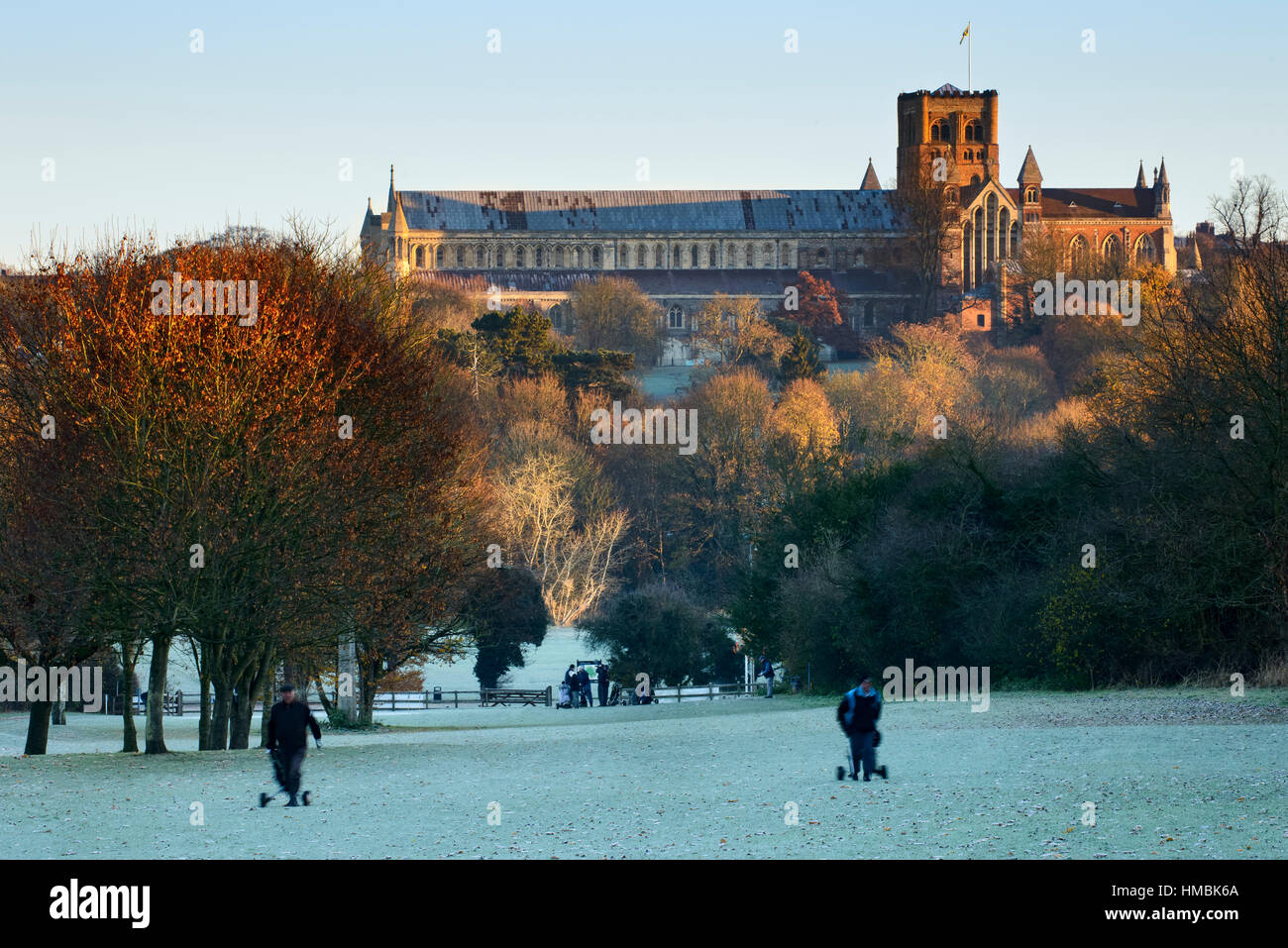 A wintry view of St Albans Cathedral from Abbey View Golf Course, United Kingdom Stock Photo