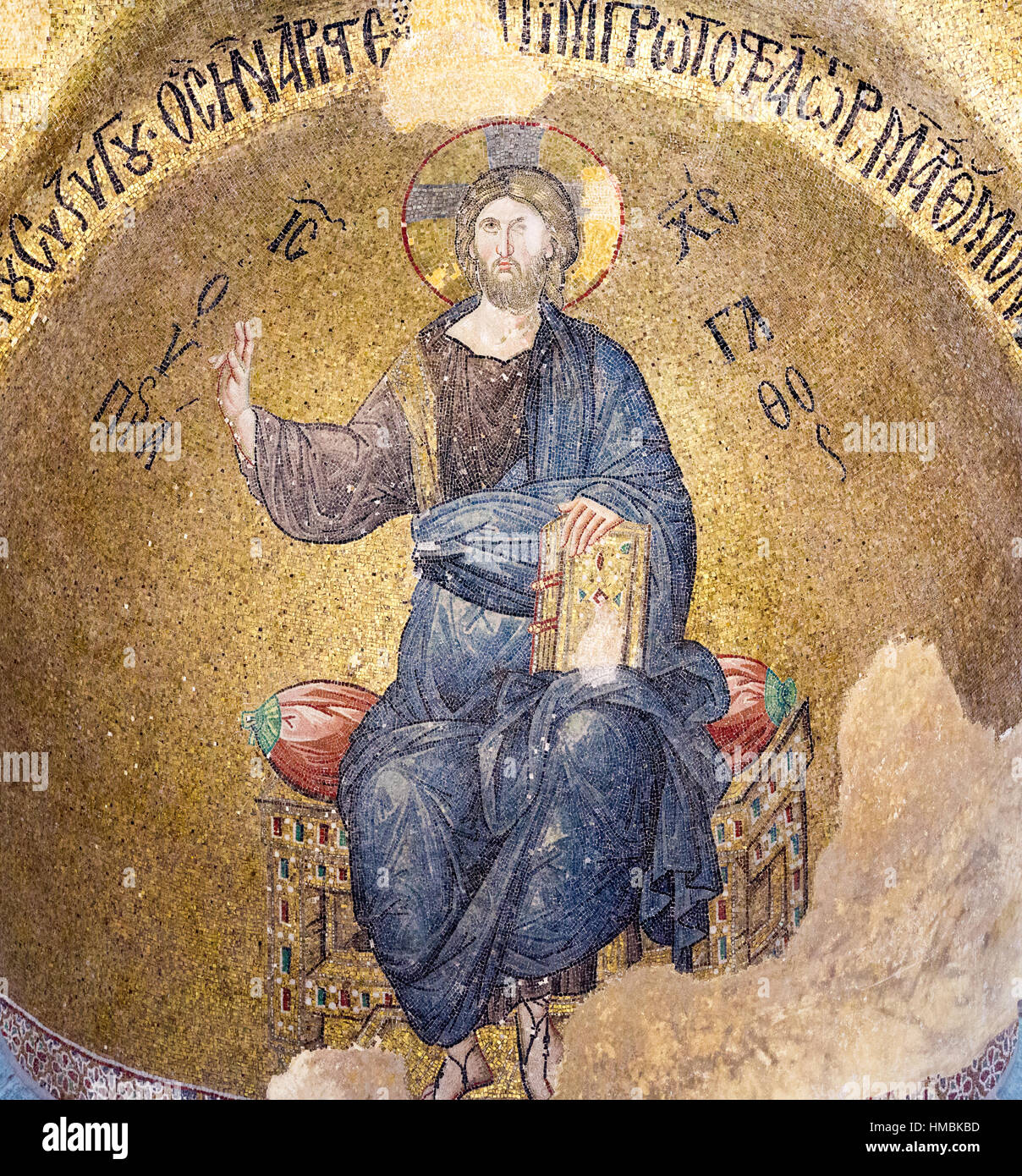 Byzantine Mosaic of Christ pantocrator, sitting on a throne, Pammakaristos church in Istanbul, Tyrkey - October 11, 2013 Stock Photo