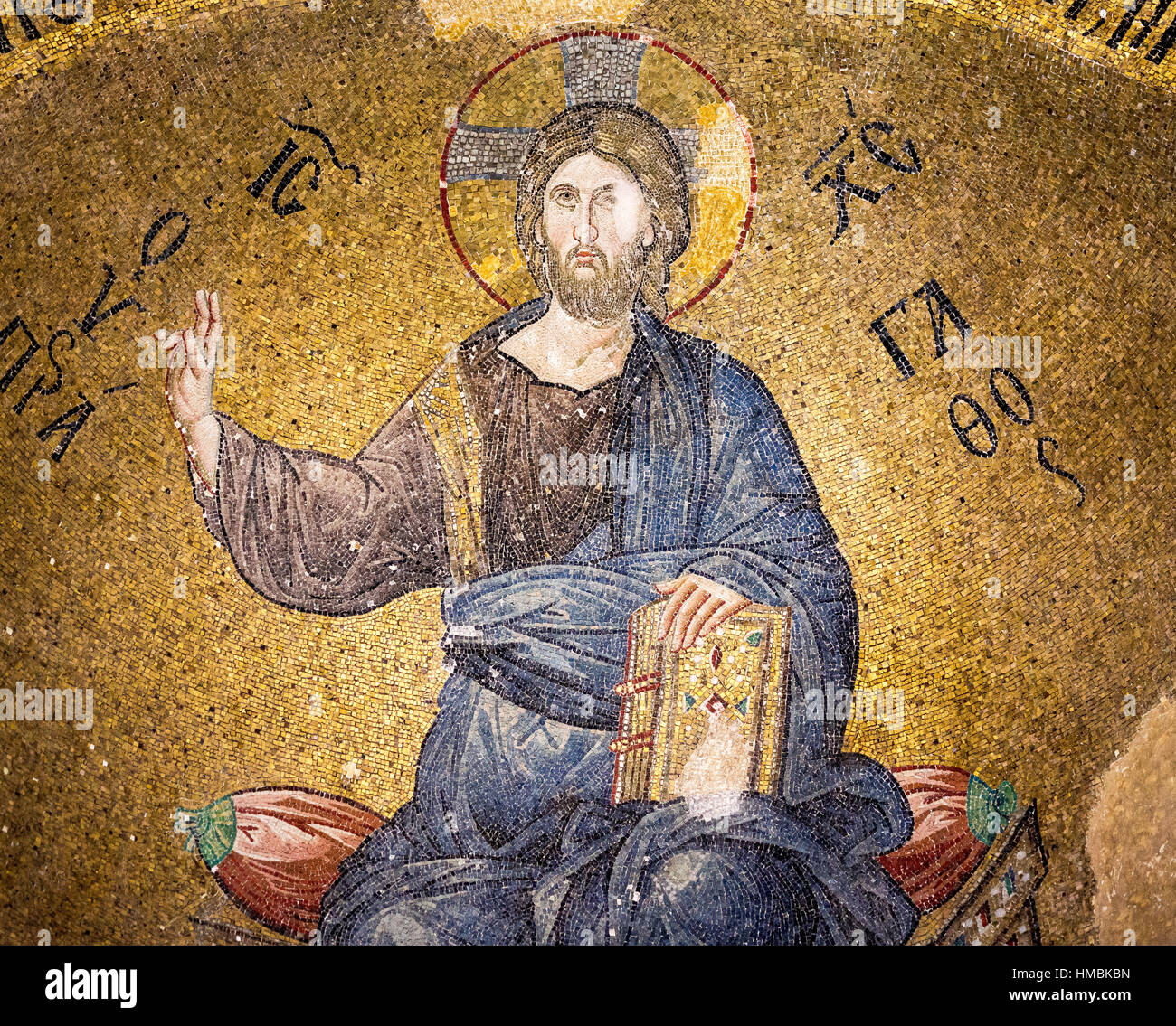 Byzantine Mosaic of Christ pantocrator, sitting on a throne, Pammakaristos church in Istanbul, Turkey - October 11, 2013 Stock Photo