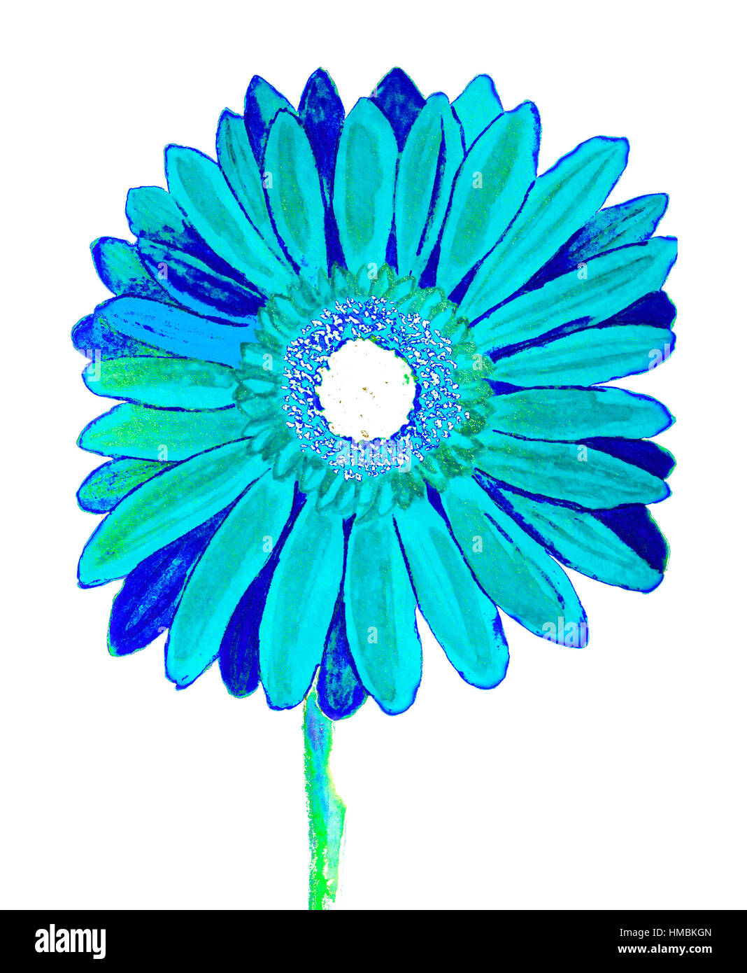 Bluegerbera flower on yellow background, watercolor painting. Stock Photo