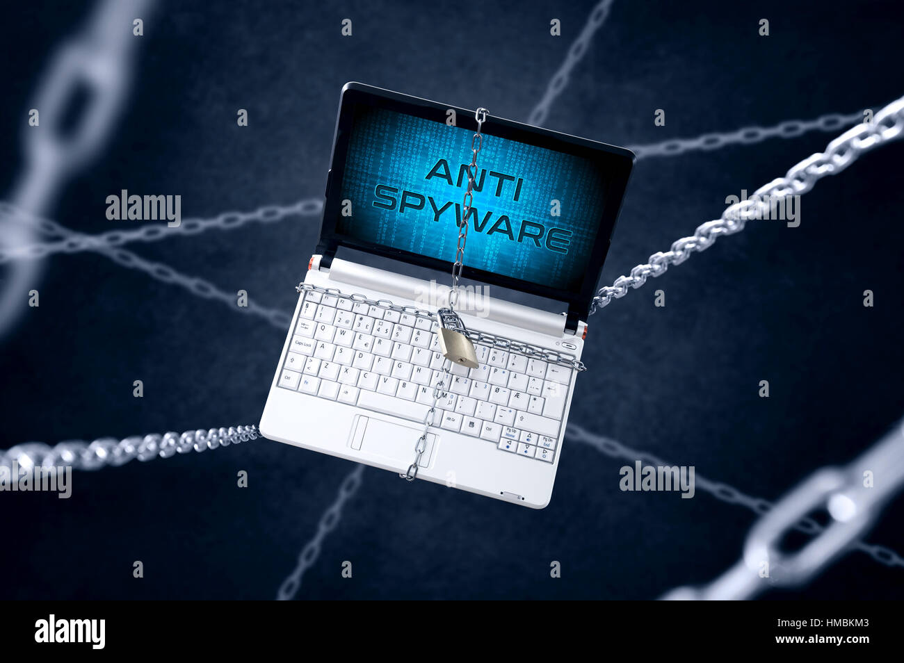 Chained laptop with "Anti Spyware" symbol. Conception of computer protection Stock Photo