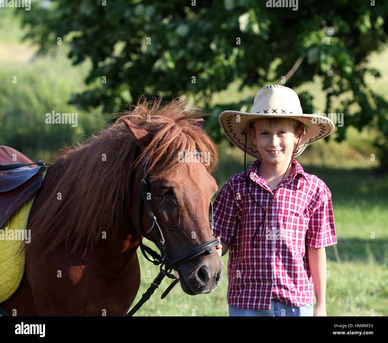 boy with cowboy hat and pony horse Stock Photo Alamy
