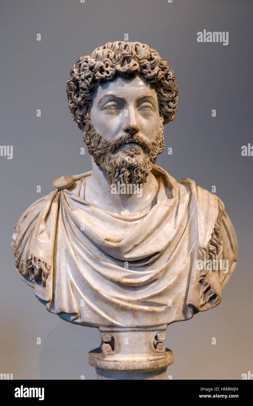 Marble head of Roman Emperor Marcus Aurelius (AD 121 - AD 180) c.161-169 AD Stock Photo