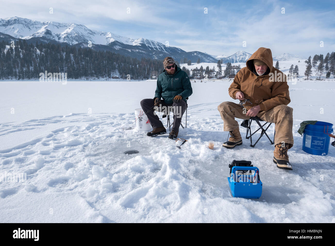 Ice fishing on Wallowa Lake, Oregon Stock Photo Alamy