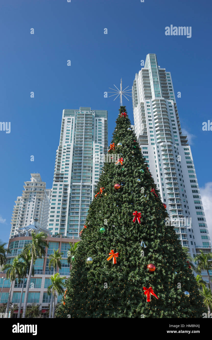 CHRISTMAS TREE BAYFRONT PARK DOWNTOWN SKYLINE MIAMI FLORIDA USA CHRISTMAS TREE BAYFRONT PARK DOWNTOWN SKYLINE MIAMI FLORIDA USA