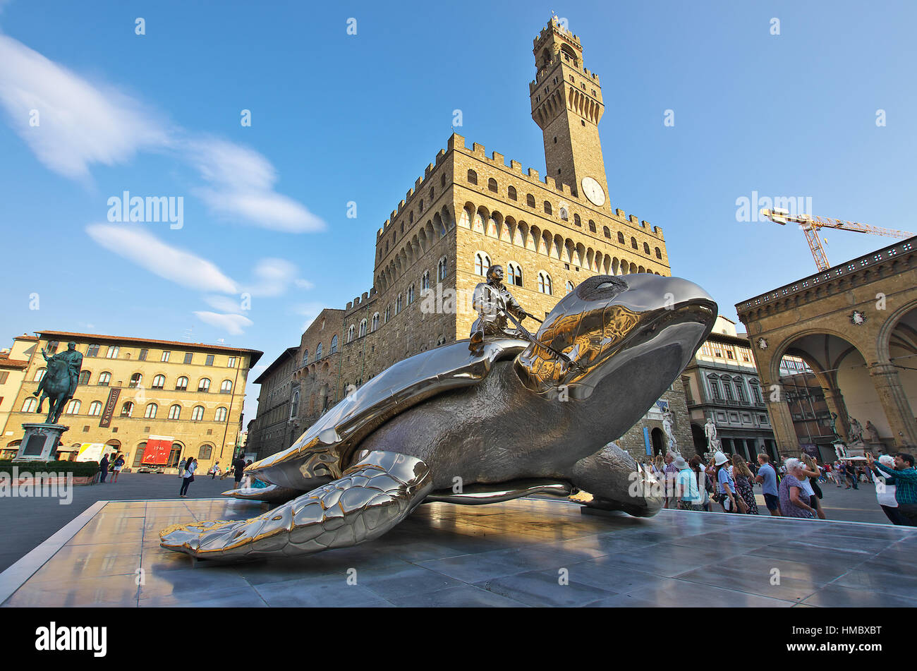FLORENCE,IT - SEPTEMBER,9 2016 - Bronze statue of a giant turtle, by belgian artist Jan Fabre, in Signoria square in Florence. Stock Photo