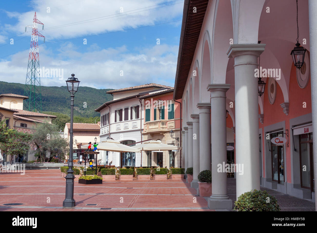 MUGELLO, ITALY - SEPTEMBER 11, 2014: Store facedes of McArthurGlen Designer Outlet Barberino situated in 30 minutes from Florence. McArthurGlen Group  Stock Photo