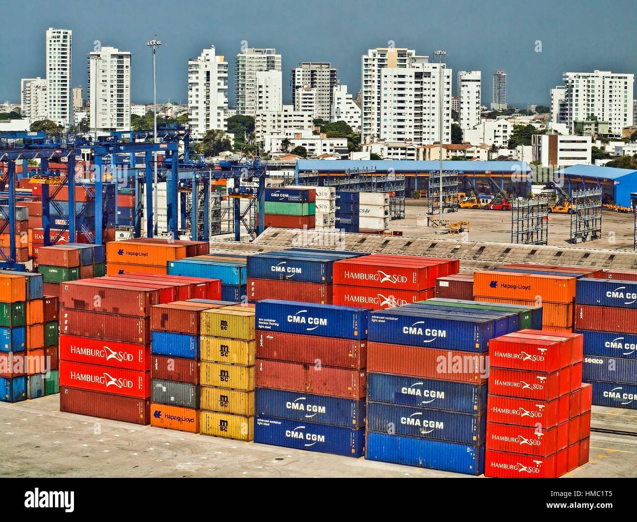 Shipping containers on a dock near downtown Cartagena, Colombia Stock
