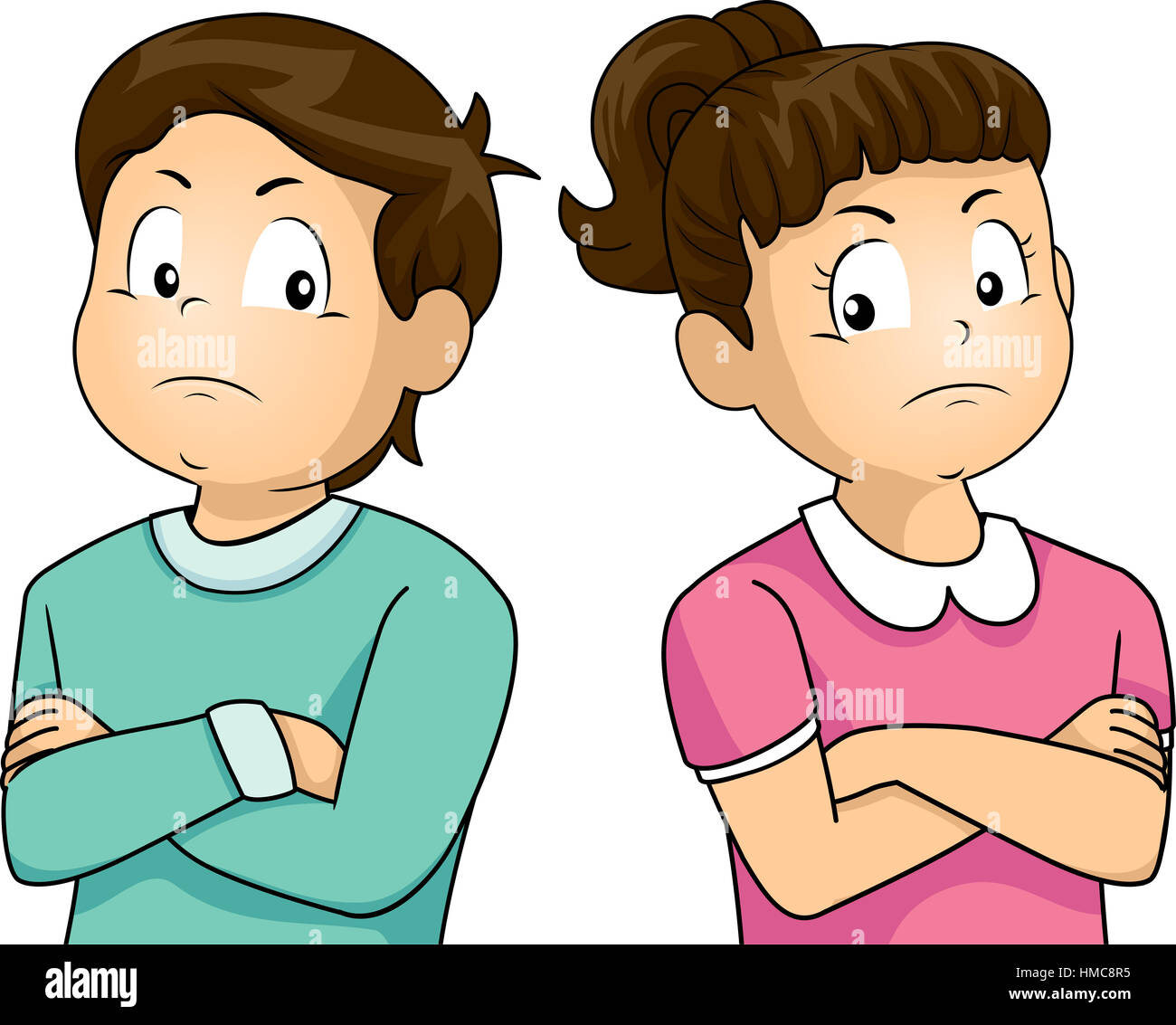Illustration of a Little Girl and Boy Ignoring Each Other Stock Photo. 