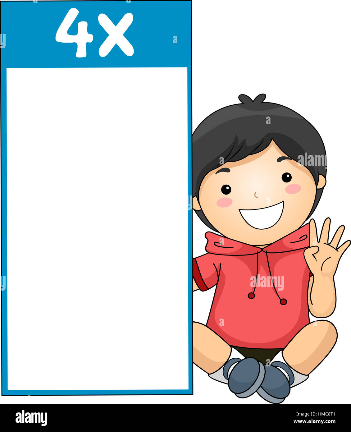 Illustration of a Little Boy Sitting Beside a Multiplication Flash Card for Multiples of Four Stock Photo