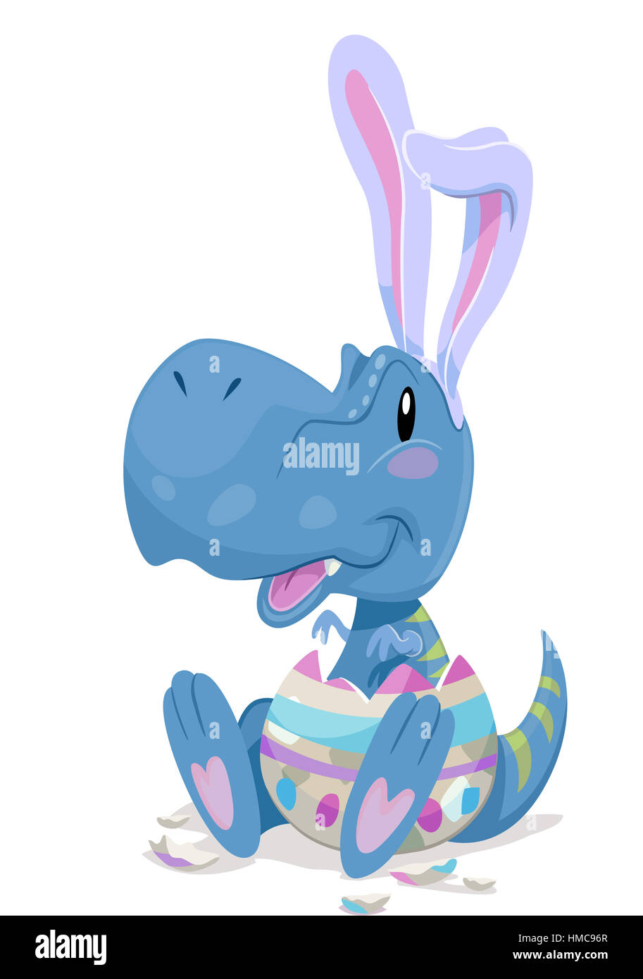 Dinosaur Illustration of a Baby Tyrannosaur in Bunny Ears Hatching from an Easter Egg Stock Photo