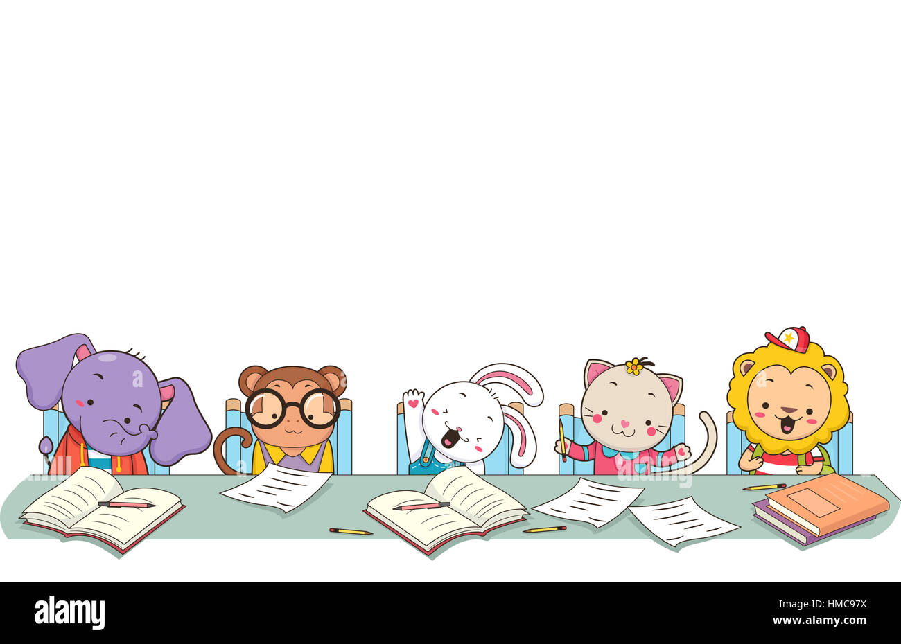 Cute Animal Border Illustration of a Monkey, Rabbit, Cat, and a Lion Studying in a Classroom Stock Photo