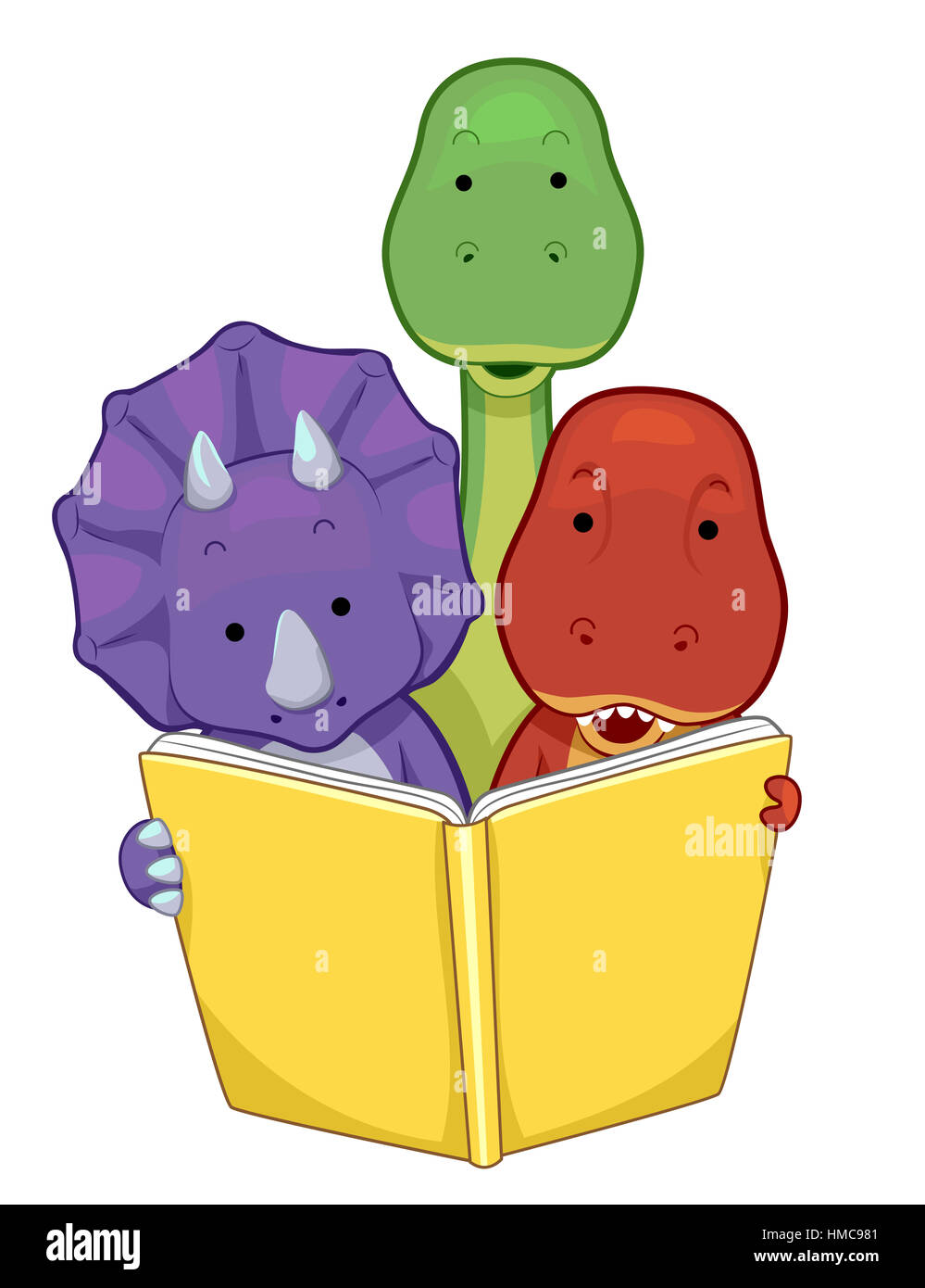 Colorful Animal Illustration of a Baby Triceratops, TRex, and Brontosaurus Reading a Book Together Stock Photo