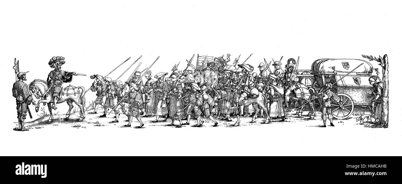 The Tross, it was the camp follower contingent of the Landsknecht mercenary regiments which originated at the end of the fifteenth century, photo or illustration, published 1892, digital improved Stock Photo