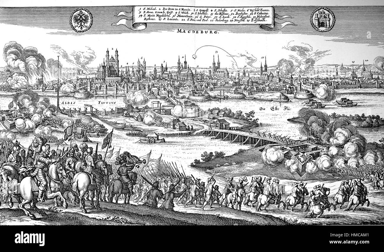 The Sack of Magdeburg, Magdeburgs Opfergang, Magdeburger Hochzeit, refers to the siege, the subsequent plundering, and the massacre of the inhabitants of the largely Protestant city of Magdeburg by the forces of the Holy Roman Empire and the Catholic League during the Thirty Years' War. Johann T Serclaes von Tilly during the siege, photo or illustration, published 1892, digital improved Stock Photo