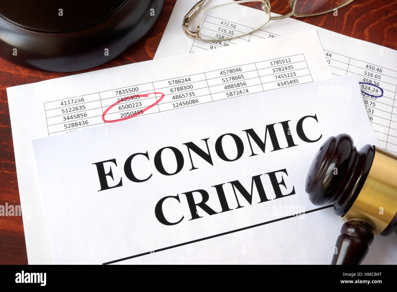 Documents with title Economic crime and a gavel. Stock Photo