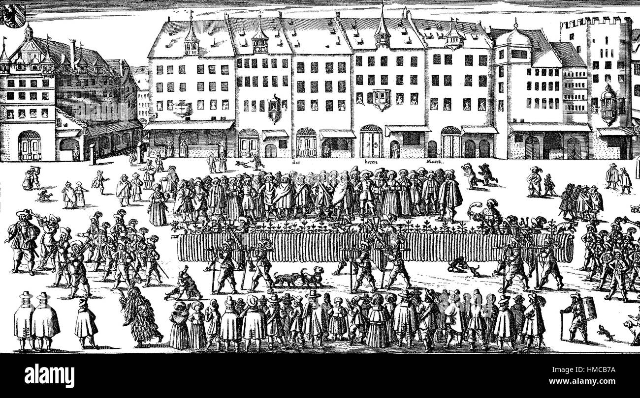 Procession of the butchers in Nuremberg, Germany, 1658, with a 658 ells long sausage, photo or illustration, published 1892, digital improved Stock Photo