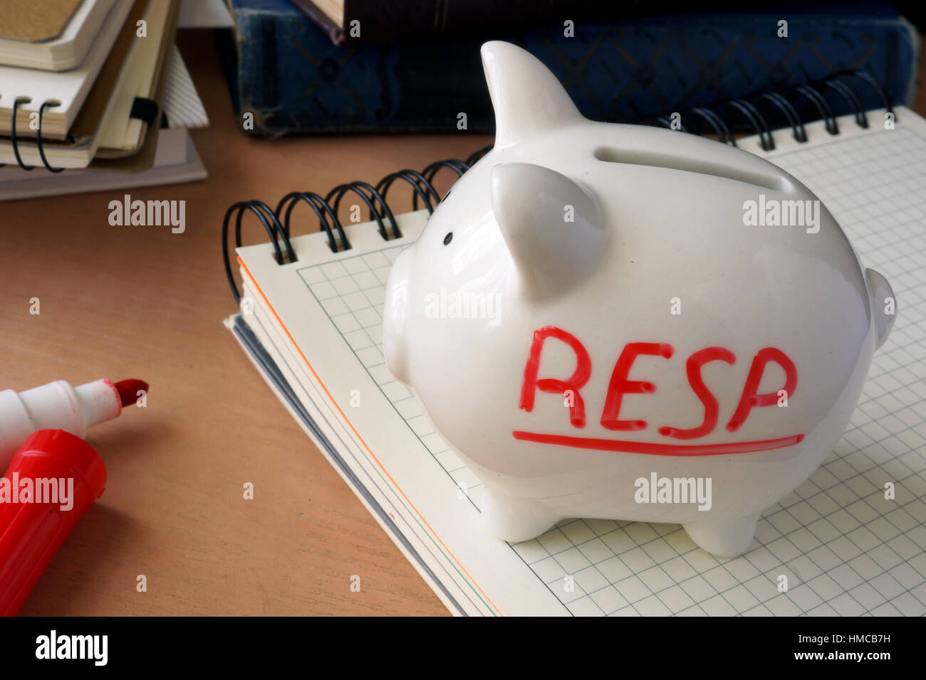 Piggy bank with word RESP. Registered Education Savings Plans. Stock Photo