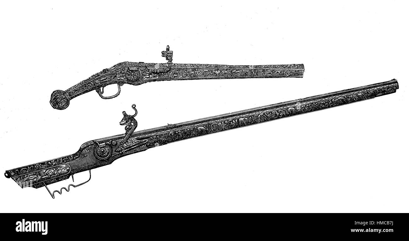 weapons of the 17. century in Germany. A arquebus, harquebus, harkbus or hackbut, an early muzzle-loaded firearm used in the 15th to 17th centuries, and a pistol, photo or illustration, published 1892, digital improved Stock Photo