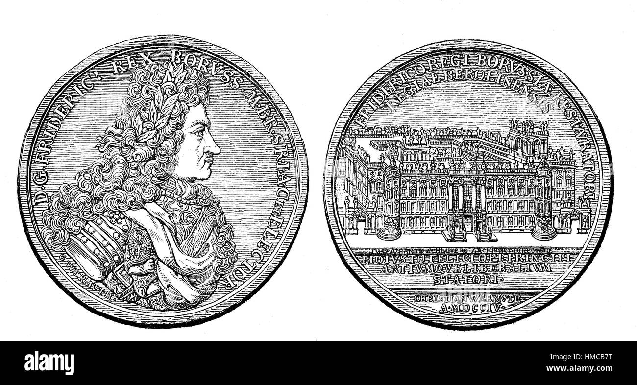 Medal with the image of Frederick I of Prussia, on the back the royal castle in Berlin, ca 1700, photo or illustration, published 1892, digital improved Stock Photo
