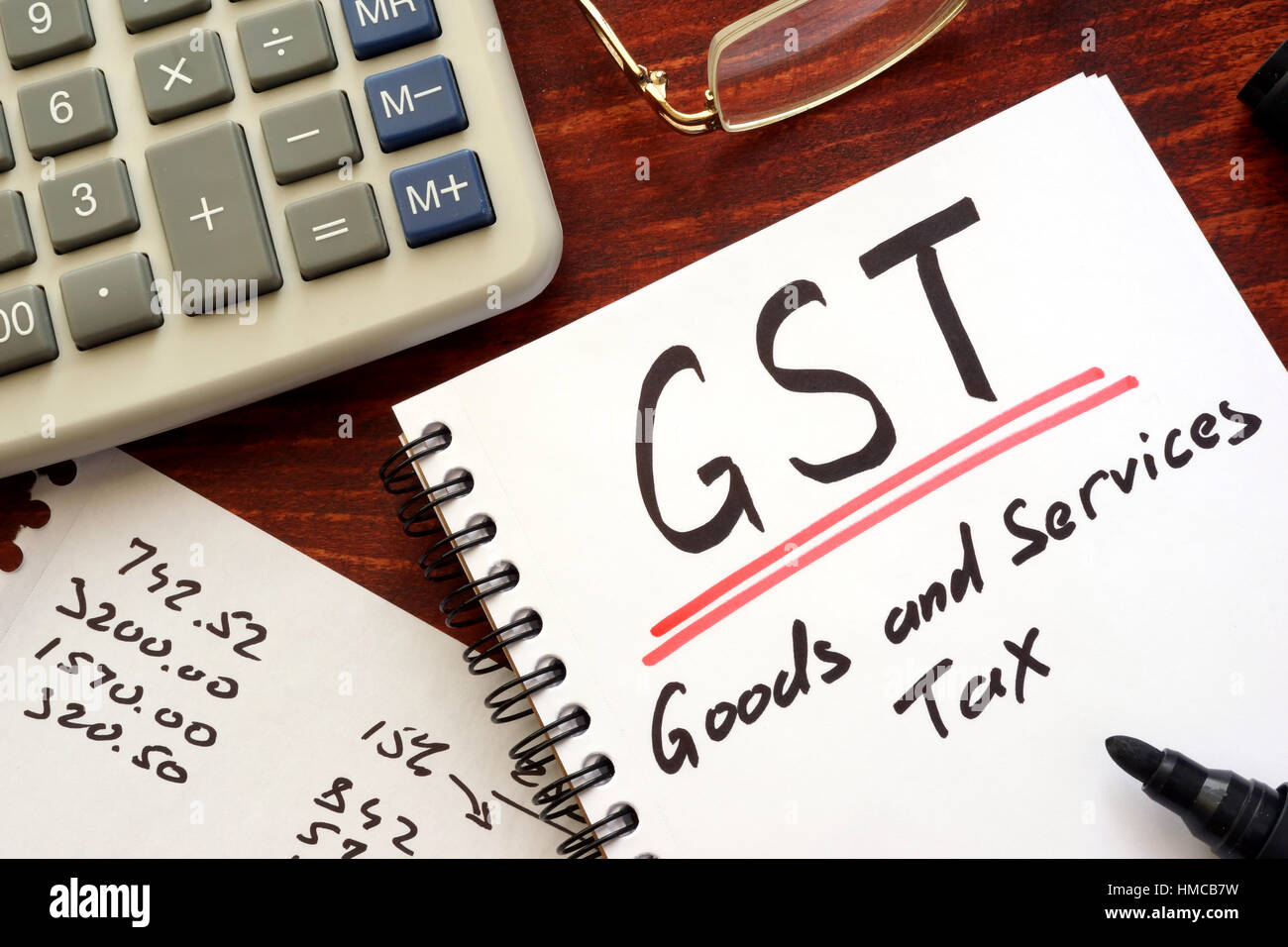 The goods and services tax  (GST) written in a note. Stock Photo